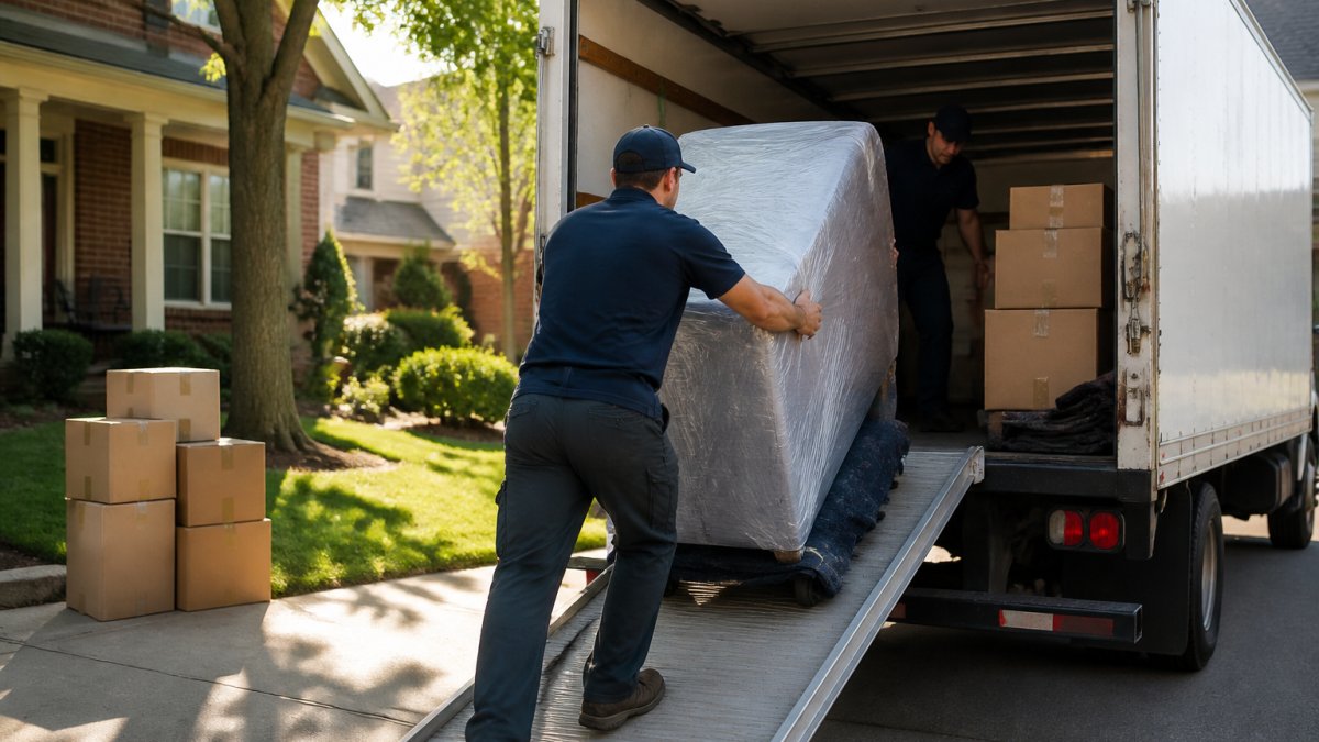 Professional moving crew carefully loading household furniture and cardboard boxes into a moving truck on a residential street in Hamilton, with morning sunlight casting long shadows across the driveway