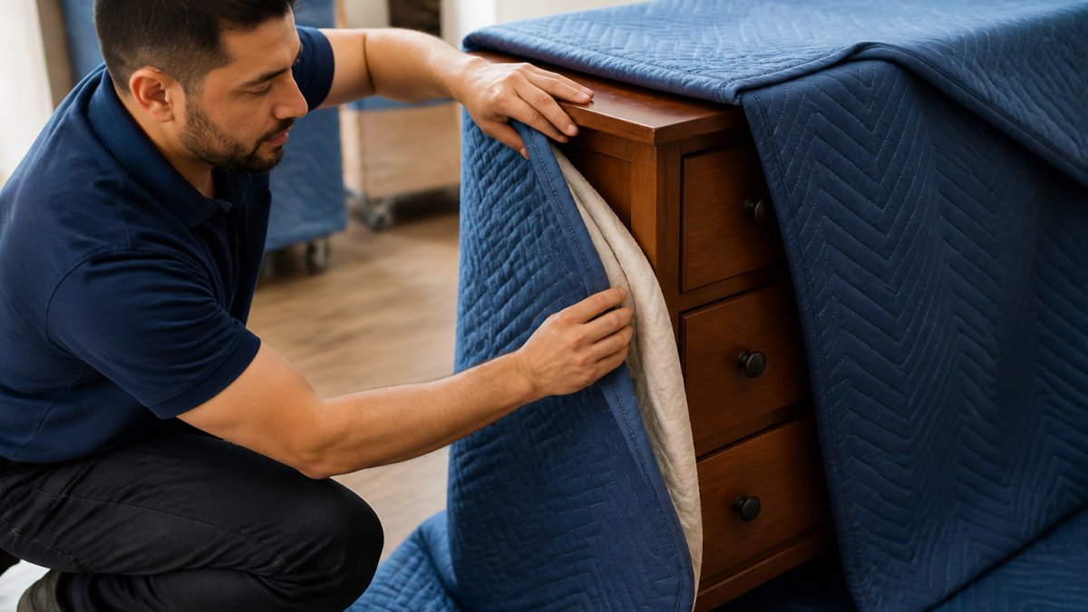 Professional demonstrating how to wrap furniture with moving blankets, showing proper layering technique with protective padding visible around wooden dresser corners